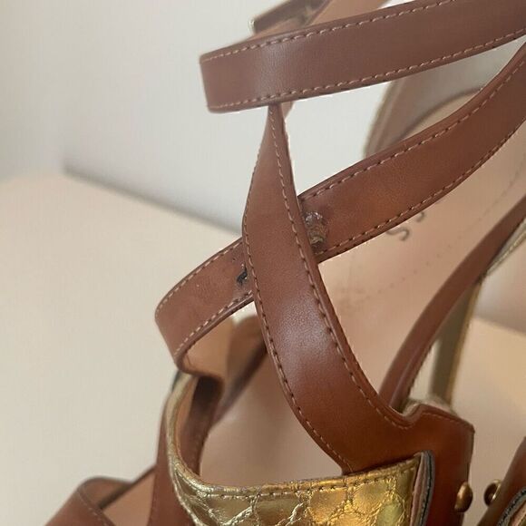 GUESS Brown Gold Snake Skin Strappy Buckle Sandals Heels Size 9.5 Shoes - Picture 6 of 14